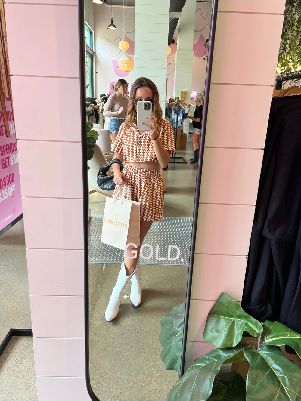 REVOLVE Two-Piece Houndstooth Crop Top & Skirt Set in Tan and White